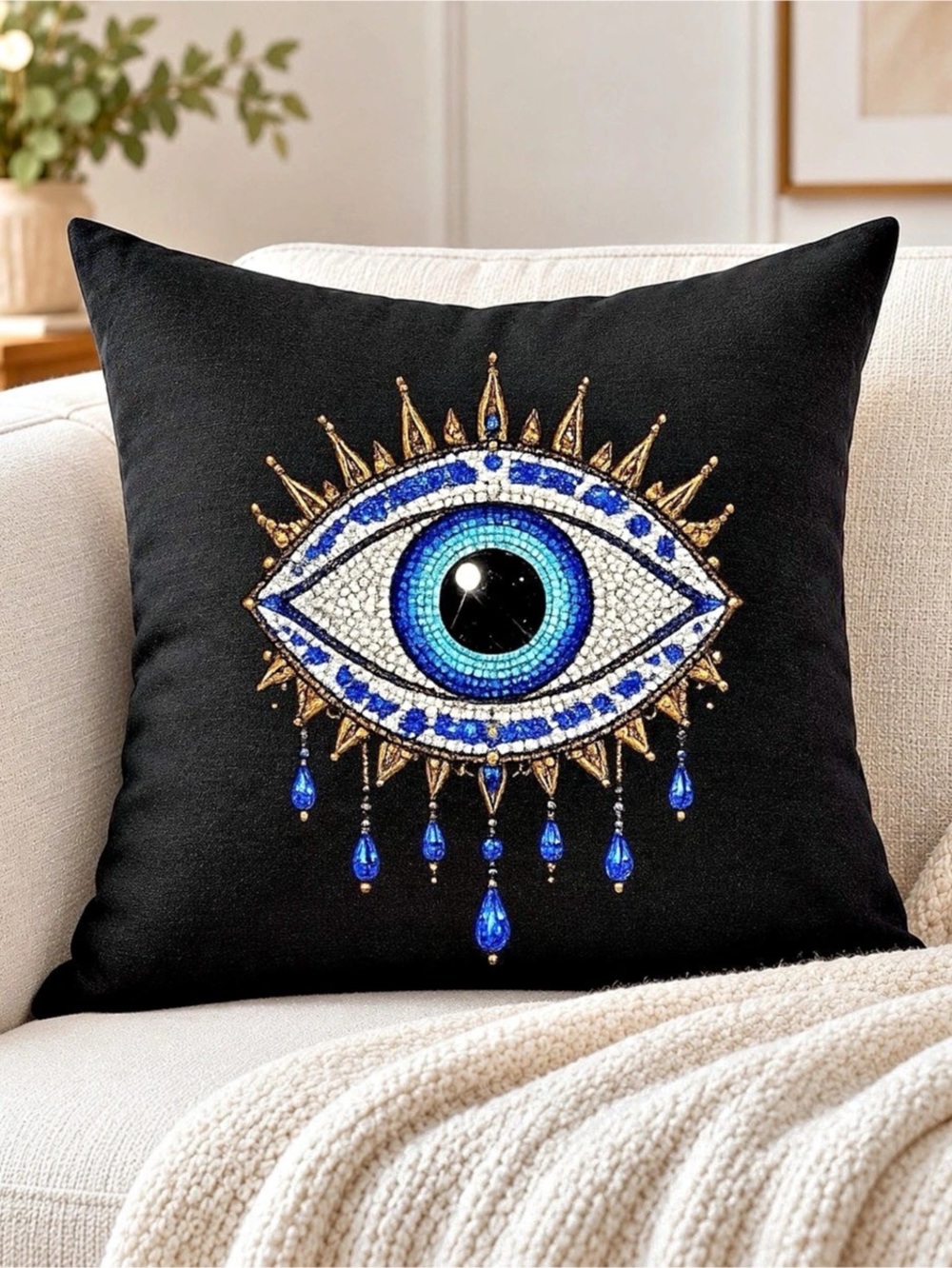 Evil Eye Rhinestone Style Black Pillow Cover 16x16 Cotton Canvas Home Decor NEW